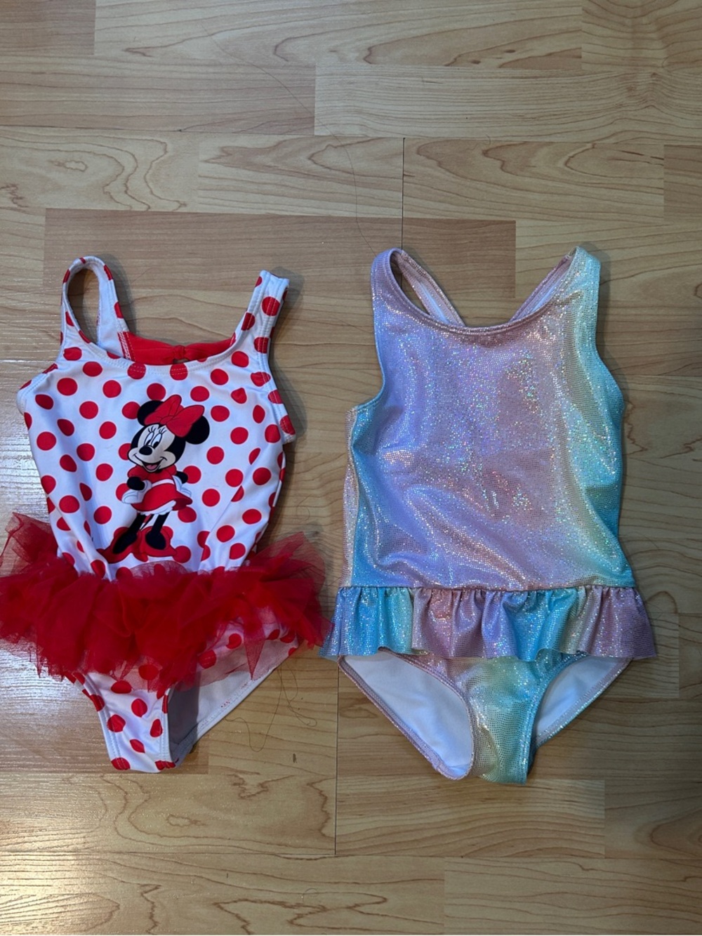 H&M Red Polka Dot Minnie Tutu Swimsuit & Pastel Iridescent Ruffle Swimsuit Set